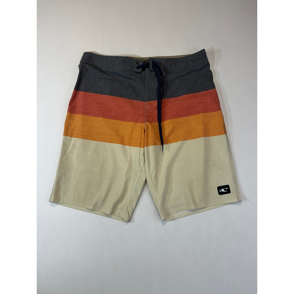 ONeill Mens Board Shorts Size 34 Striped Retro Surf Trunks Charcoal Orange Tan